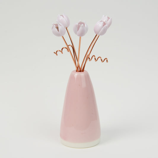 Miniature dusky pink porcelain cone vase with pink glass tulips