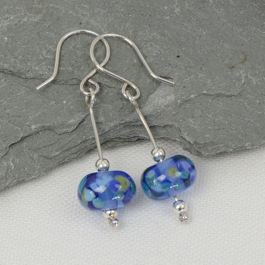 Blue, green & purple glass bead earrings